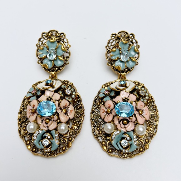 Oscar de la Renta Baroque Goldtone Enamel Floral Crystal Drop Clip On Earrings - Picture 3 of 11